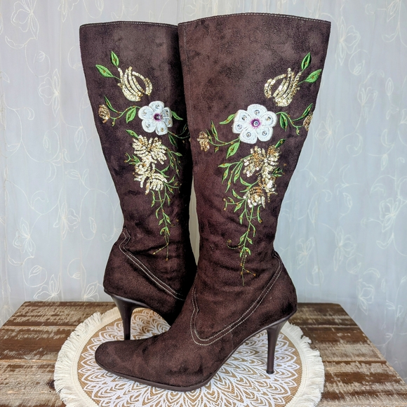 "Splash" Brown Embellished & Embroidered Floral Heeled Boots - Picture 8 of 12